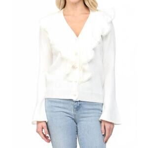 NEW FATE cascading pearl ruffle cardigan in white
